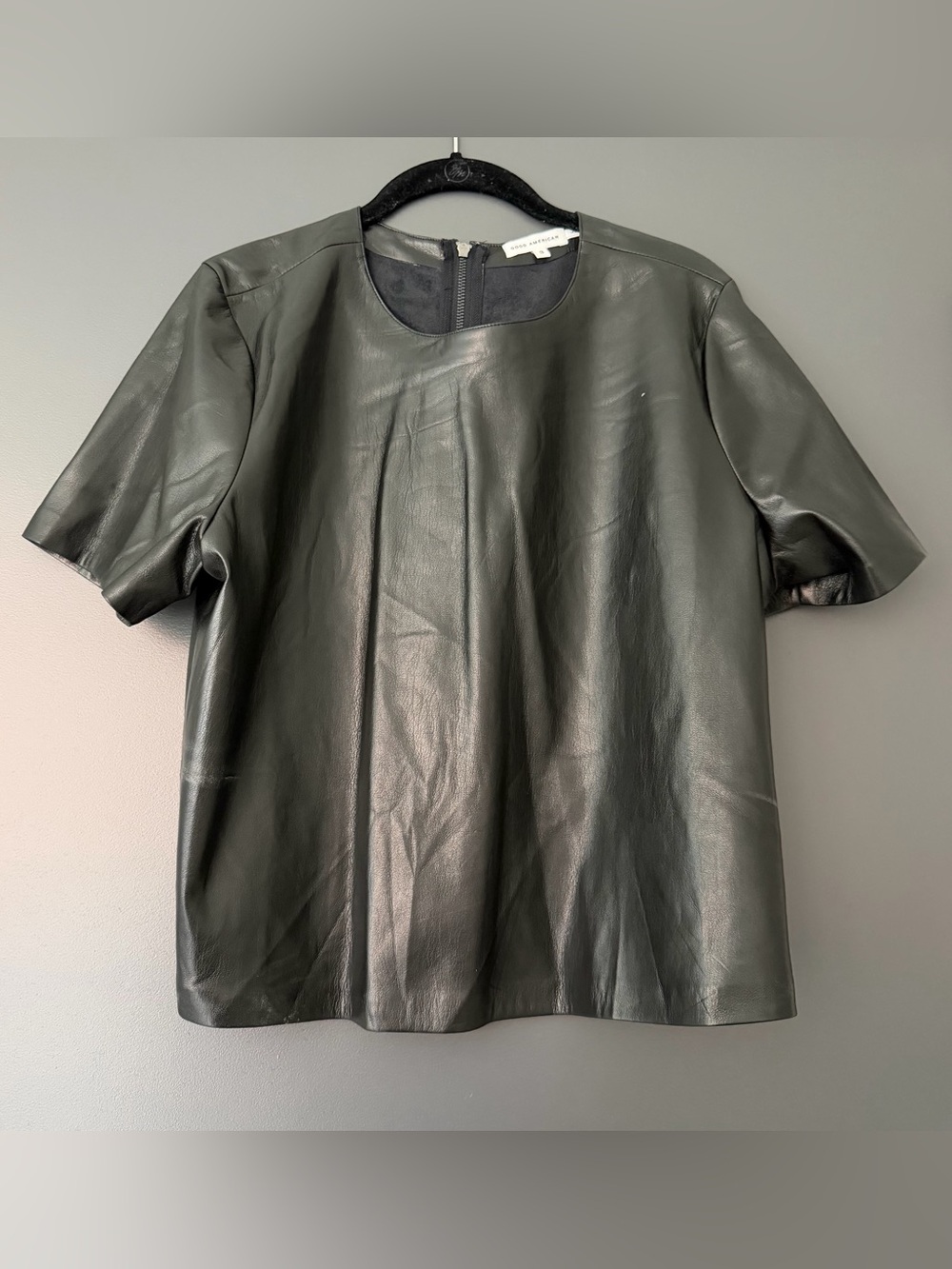 Good American Black Leather Short Sleeve Top
